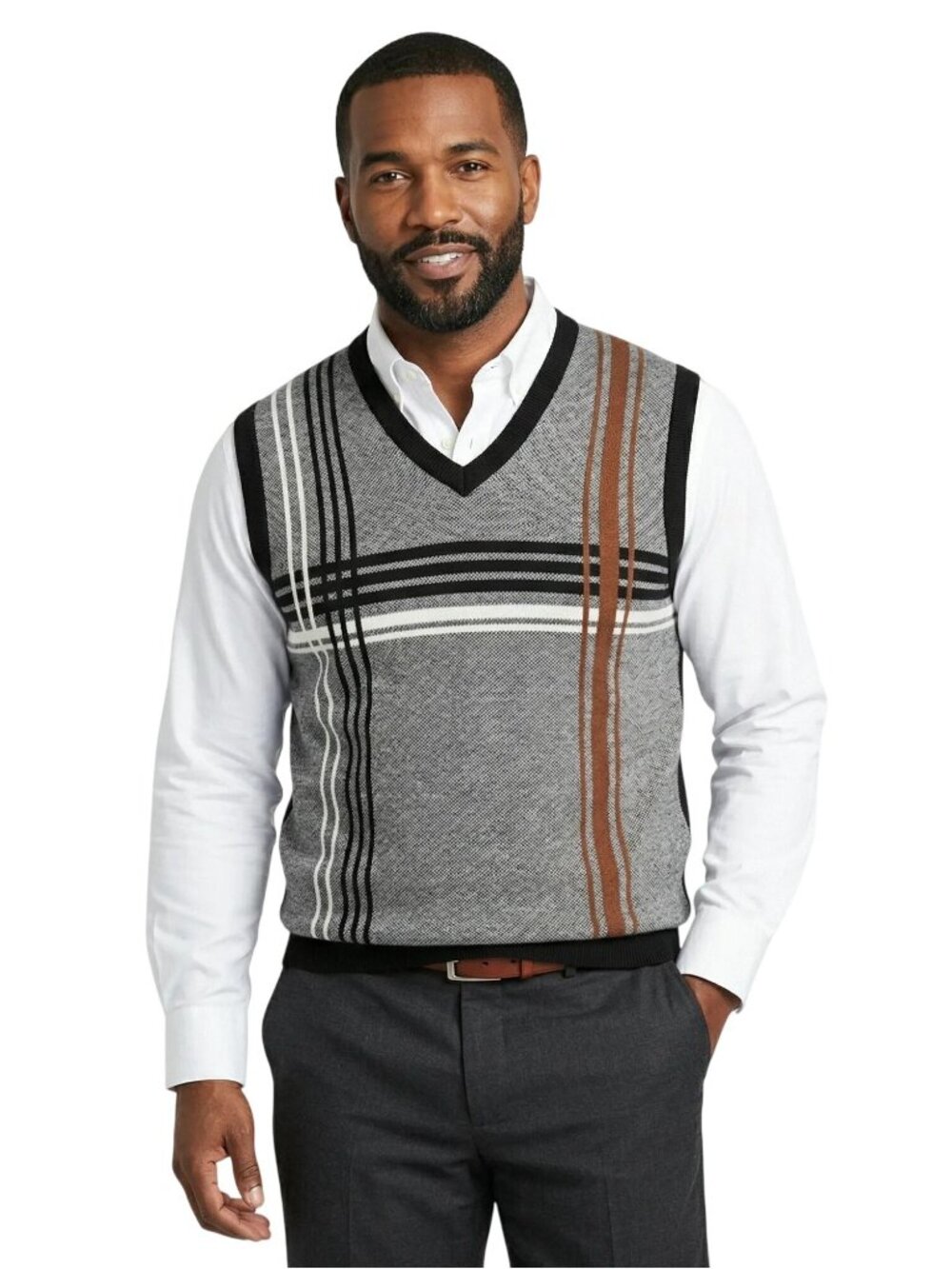 Steve Harvey Mens Celebrity Edition V-Neck Knit Stripe Plaid Vest Gray/Black XXL